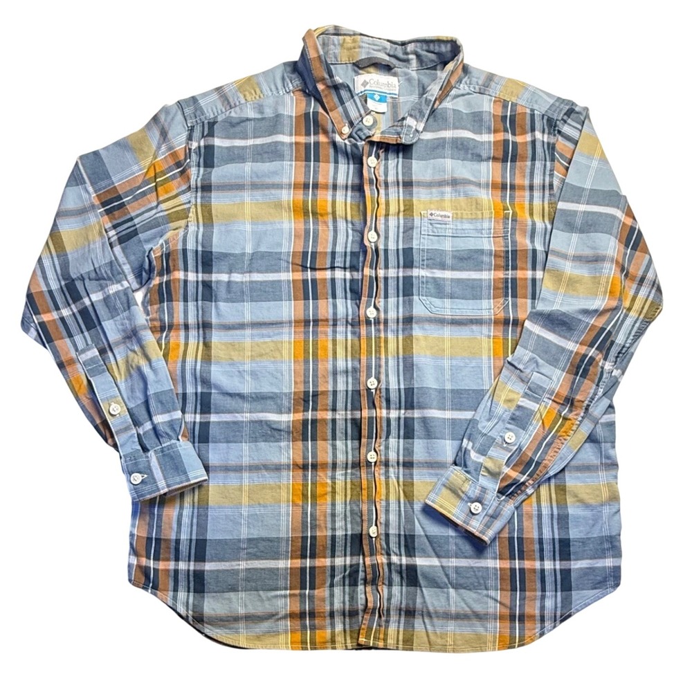 Columbia Sportswear Mens XL Blue Orange Plaid Button Down Long Sleeve Shirt-2386